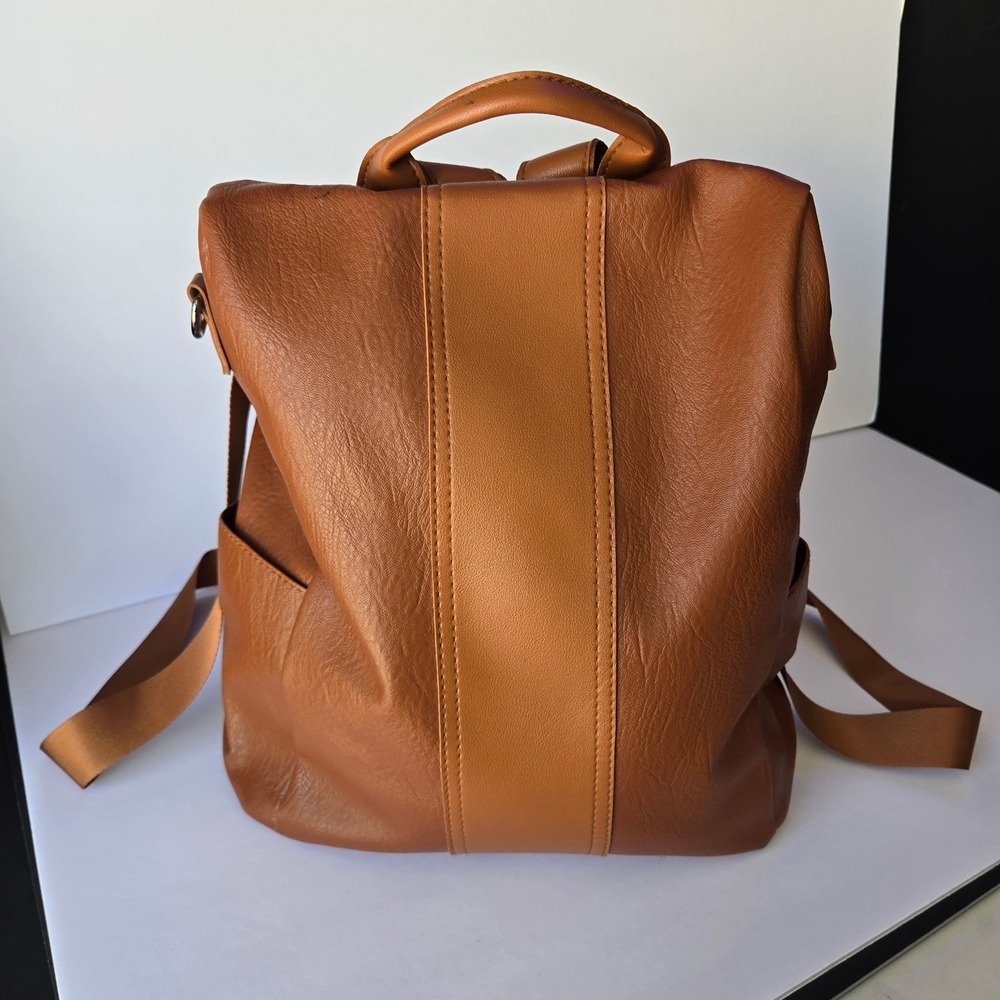 Brown Vegan Leather Convertible Backpack Purse with Adjustable Straps